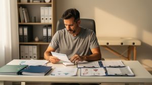 Un ostéopathe masculin examine des documents de prévoyance et de protection des revenus dans son cabinet, près d’un bureau lumineux et d’un intérieur médical soigné.