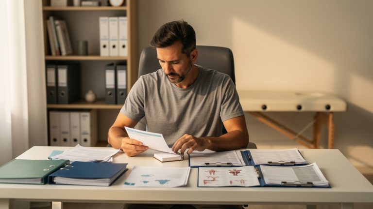 Un ostéopathe masculin examine des documents de prévoyance et de protection des revenus dans son cabinet, près d’un bureau lumineux et d’un intérieur médical soigné.