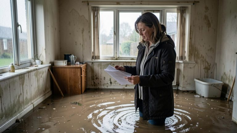 Une propriétaire consulte des documents d’assurance dans une maison individuelle partiellement inondée après de fortes pluies.