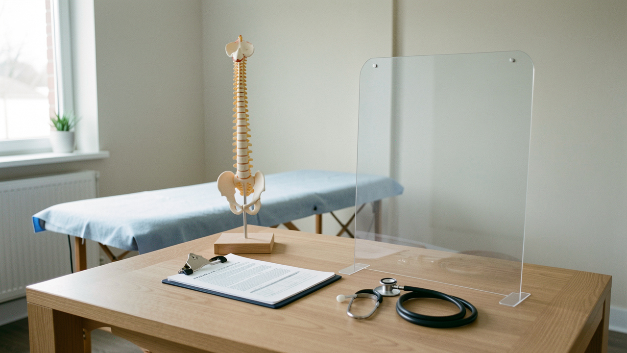 Cabinet d’ostéopathie moderne avec table de soin, modèle anatomique de colonne vertébrale, stéthoscope et symbole visuel de protection représentant les assurances professionnelles.