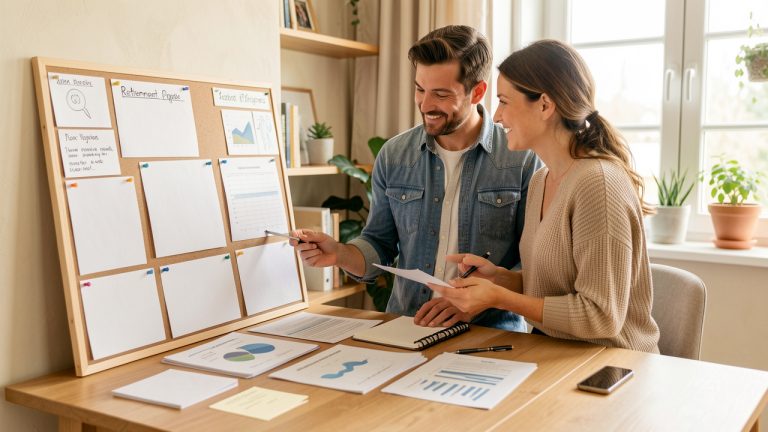 Un homme et une femme français consultent ensemble un tableau de préparation de la retraite et des documents financiers vierges dans un bureau lumineux et rassurant.