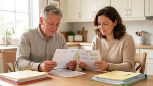 Un couple examine calmement des documents de remboursement santé et de garanties dans une cuisine lumineuse et rassurante.