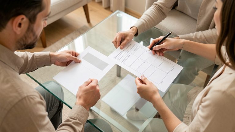 Un couple consulte des documents financiers sobres et une simulation de crédit immobilier sur une table lumineuse, dans une ambiance domestique calme.