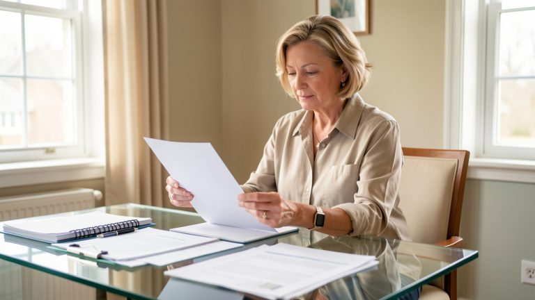 Femme d'une cinquantaine d'années consultant des documents de retraite vierges sur une table lumineuse dans un bureau calme.