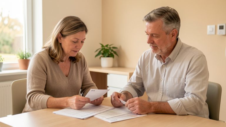 Une patiente et son accompagnant examinent calmement des documents administratifs sur une table dans une clinique française rassurante.
