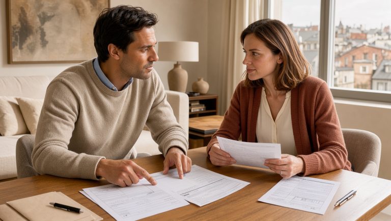 Un homme et une femme consultent ensemble des documents vierges liés à un prêt immobilier et à l’assurance dans un appartement lumineux de Lyon.