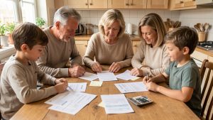 Une famille française réunie autour d’une table compare des documents vierges liés à la mutuelle santé, des formulaires de remboursement et une calculatrice, dans une cuisine éclairée par la lumière naturelle.