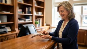 Une femme présente délicatement une montre ancienne à un comptoir de Crédit municipal dans une ambiance lumineuse, professionnelle et rassurante.