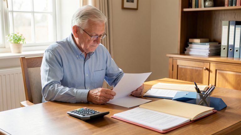 Un homme retraité assis à une table lumineuse examine des documents vierges avec une calculatrice et des dossiers organisés.